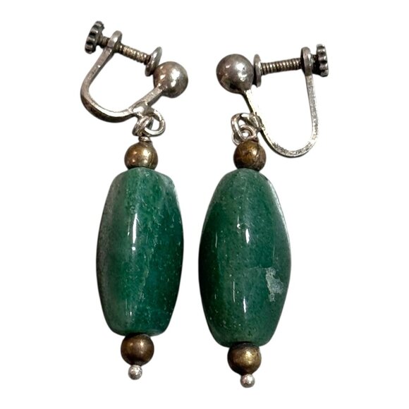 Vintage Green Aventurine & Silver Screw Back Earrings Clip On Gemstone Dangle - Picture 5 of 6